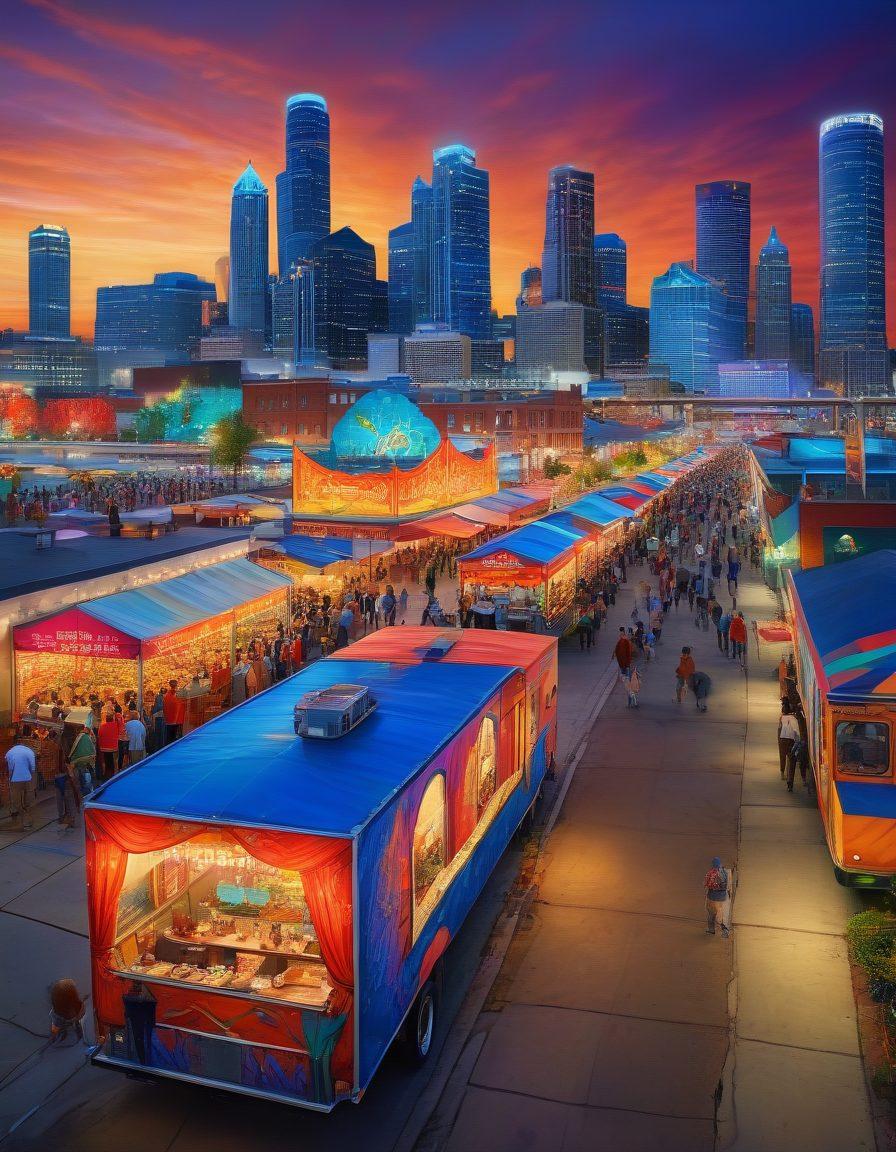 A vibrant cityscape of Detroit, showcasing iconic landmarks like the Detroit skyline and the Detroit River. Incorporate elements of local culture, such as street art, music, and food trucks filled with diverse cuisines. Illustrate a lively event scene with people of different backgrounds enjoying local festivities under colorful banners. The atmosphere should be dynamic and inviting, reflecting the heart of the city. super-realistic. vibrant colors. 3D.