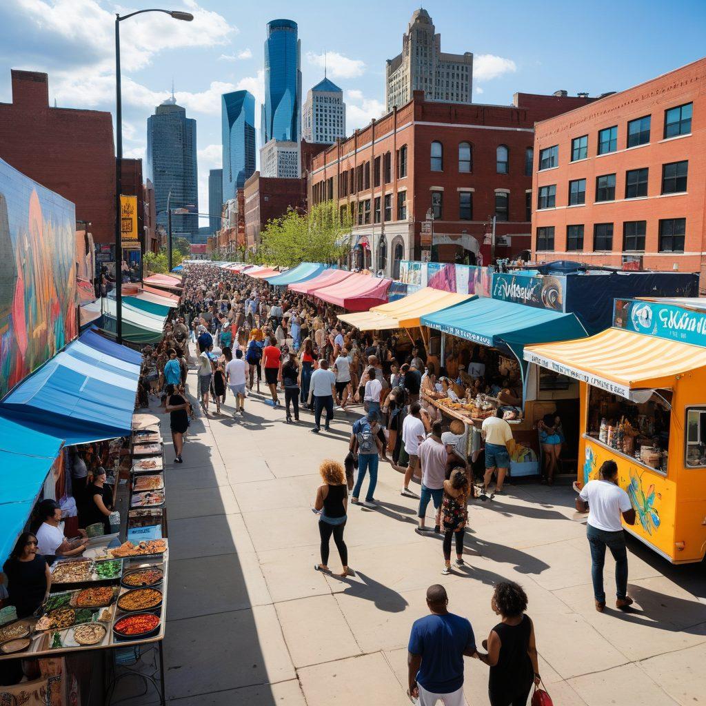 A lively street scene in downtown Detroit showcasing diverse people engaging in community activities like street art, farmers markets, and live music. Incorporate iconic Detroit landmarks in the background, such as the Renaissance Center and Motown Museum, with vibrant cultural elements like murals and food trucks. The atmosphere should be warm and inviting, reflecting the pulse of the community. super-realistic. vibrant colors. urban landscape.