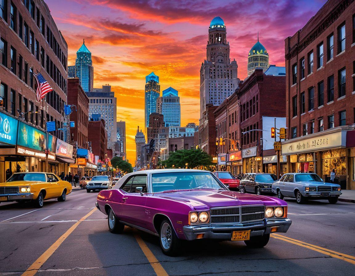 A lively urban scene capturing the essence of Detroit, featuring iconic landmarks like the Spirit of Detroit statue, vibrant street art, and bustling city life with diverse people sharing stories. Include a classic car driving down a colorful boulevard, set against a sunset sky glowing in warm hues. super-realistic. vibrant colors. cityscape.